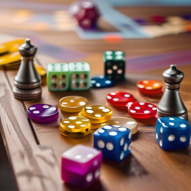 Bunte Würfel, Spielsteine und Figuren auf einem Holztisch