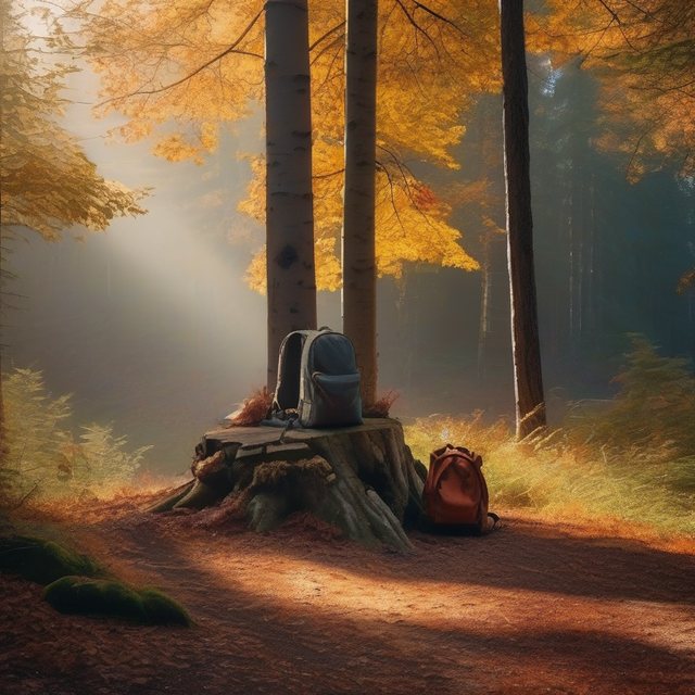 Herbstlicher Waldweg in der Sonne, zwei Rucksäcke an einem Baumstumpf